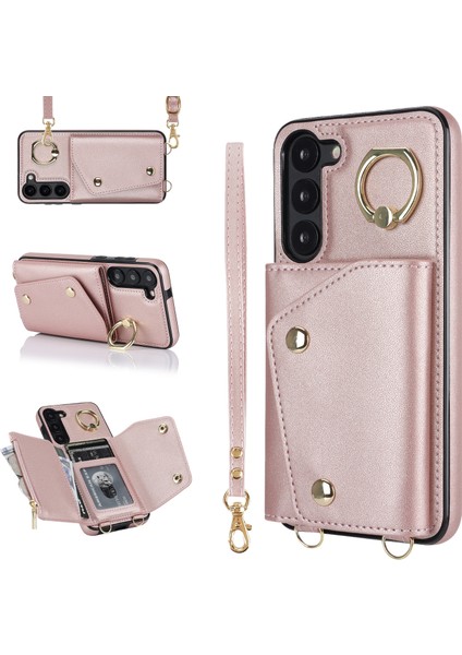 Samsung Galaxy S23 Için Crossbody + Kickstand Fermuar Cüzdan Pu Deri Kaplamalı Tpu Çizgisi Altın Telefon Kılıfı (Yurt Dışından)