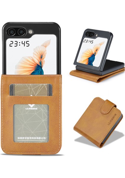 Samsung Galaxy Z Flip5 Için 5g Pu Deri Telefon Kart Tutucu Buzağı Doku Standı Telefon Kılıfı (Yurt Dışından)