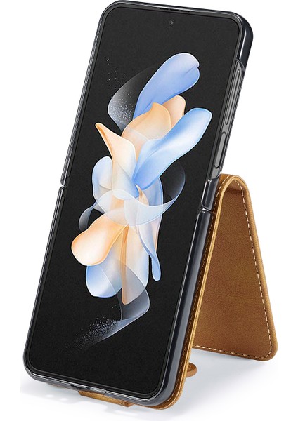 Samsung Galaxy Z Flip5 Için 5g Pu Deri Telefon Kart Tutucu Buzağı Doku Standı Telefon Kılıfı (Yurt Dışından)