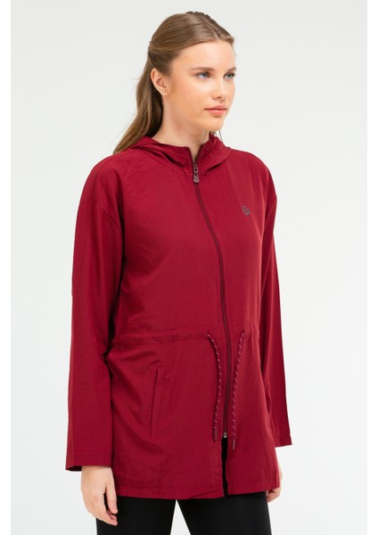 Bordo Regular Fit Düz B-Strech Kapüşonlu Fermuarlı Kadın Tunik - SC1077