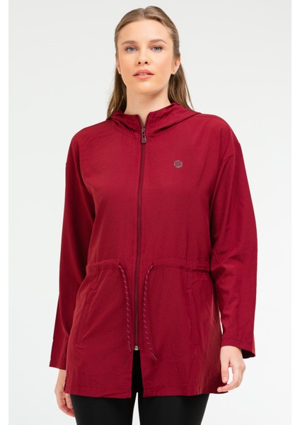 Bordo Regular Fit Düz B-Strech Kapüşonlu Fermuarlı Kadın Tunik - SC1077