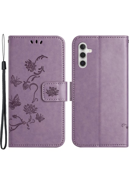Samsung Galaxy A24 Için 4g Baskılı Kelebek Çiçek Pu Deri Cüzdan Stand Strap-Purple Telefon Kılıfı (Yurt Dışından)