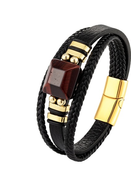 Kırmızı Stil BXGM-11131001 2021 Yeni Kare Doğal Kırmızı Kaplan Gözü Taş Retro Takı Erkek Bilezik 3 Katmanlı Deri Halat Paslanmaz Çelik Charm Bilezik (Yurt Dışından)