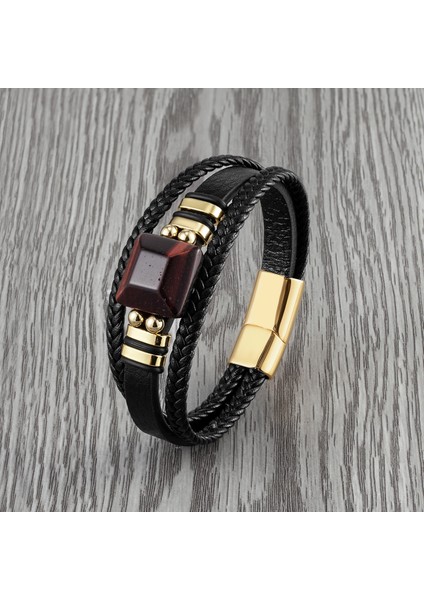 Kırmızı Stil BXGM-11131001 2021 Yeni Kare Doğal Kırmızı Kaplan Gözü Taş Retro Takı Erkek Bilezik 3 Katmanlı Deri Halat Paslanmaz Çelik Charm Bilezik (Yurt Dışından) fiyatları
