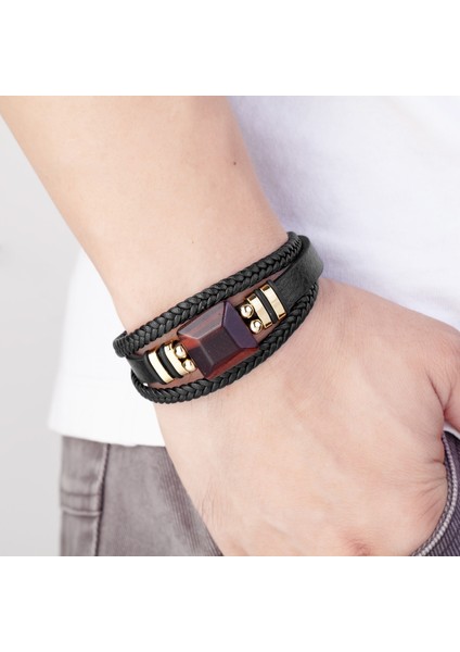 Kırmızı Stil BXGM-11131001 2021 Yeni Kare Doğal Kırmızı Kaplan Gözü Taş Retro Takı Erkek Bilezik 3 Katmanlı Deri Halat Paslanmaz Çelik Charm Bilezik (Yurt Dışından) indirimleri