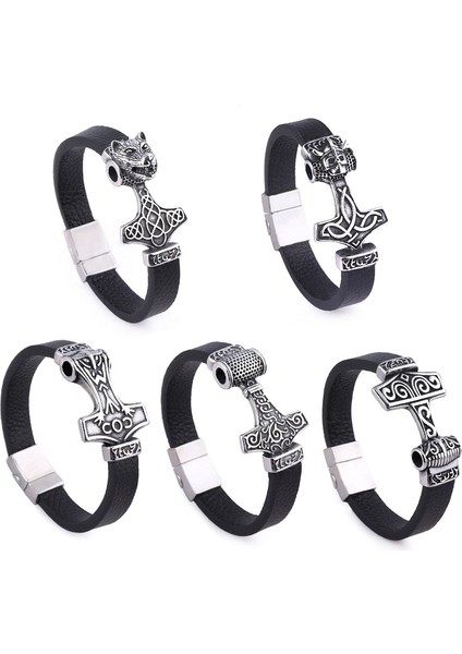 Pirinç Kaplama Iskandinav Viking Rune Düğüm Muska Bilezik Thor Mjolnir Çekiç Rune Iskandinav Bilezikler Deri Halat Erkekler Için Serin Takı (Yurt Dışından)