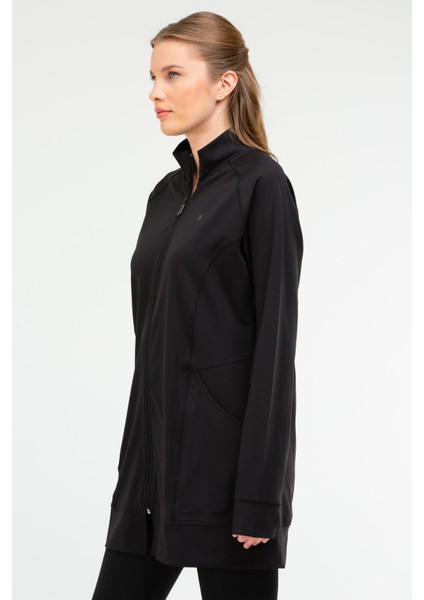 Siyah Regular Fit Düz Micro Dik Yaka Fermuarlı Kadın Tunik - SC1086