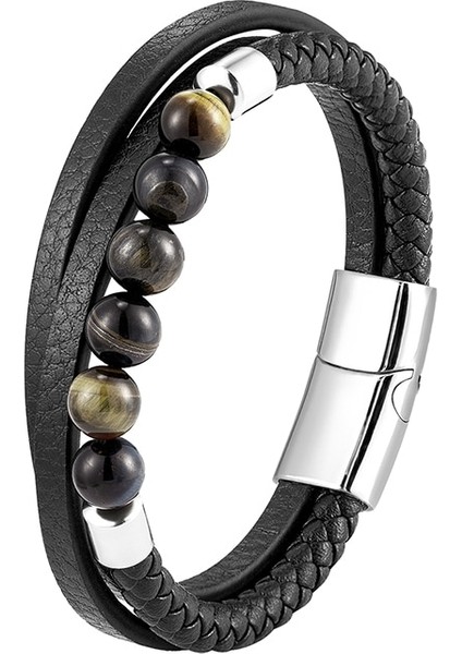 Renk Stili BXGM1045-8 2021 Trendy Unisex Enerji Bileklik Doğal Volkanik Taş Kaplan Gözü Taş Akik Taş Turkuaz Örgülü Deri Kordon 3 Katmanlı Sütyen (Yurt Dışından)