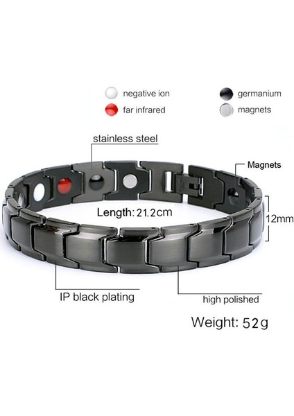 No.21 Boyutu Kadın Erkek Manyetik Sağlık Bilezik Siyah Titanyum Çelik Güç Terapi Mıknatıslar Negatif Iyonlar Germanyum Bilezik (Yurt Dışından)