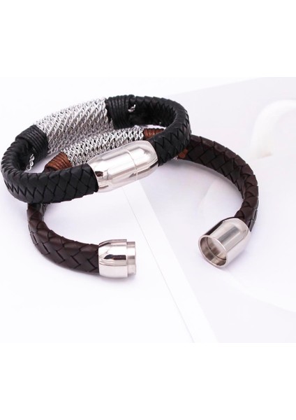 No.2 Boyutu Moda Özel Paslanmaz Çelik Siyah Metal Charm Erkek El Yapımı Örgülü Manyetik Toka ile Gerçek Deri Erkek Arkadaş Bilezik (Yurt Dışından) modelleri