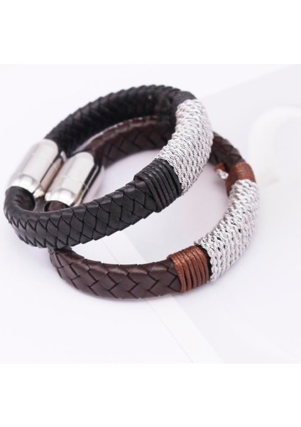 No.2 Boyutu Moda Özel Paslanmaz Çelik Siyah Metal Charm Erkek El Yapımı Örgülü Manyetik Toka ile Gerçek Deri Erkek Arkadaş Bilezik (Yurt Dışından) indirimleri