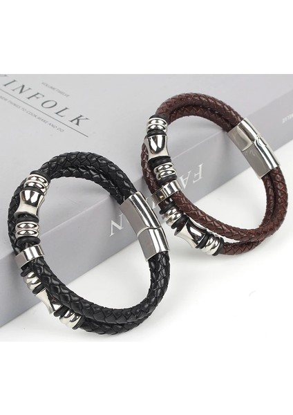 No.18 Beden Paslanmaz Çelik Siyah Deri Bilezik Erkekler Charm Erkekler El Yapımı Örgülü Manyetik Toka ile Gerçek Moda Erkek Arkadaş Bilezik (Yurt Dışından)
