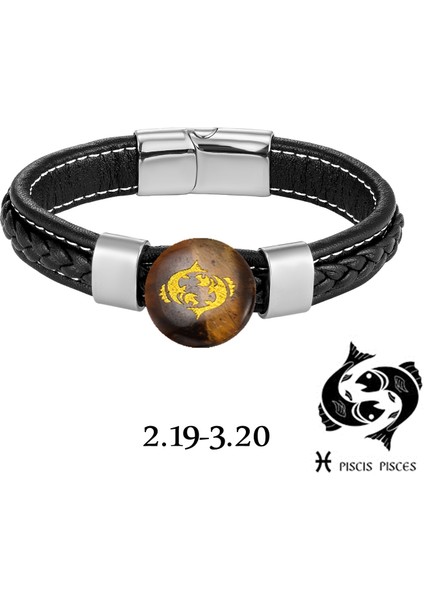 Sarı Stil Altın-Balık 2021 Yeni 12 Takımyıldızı Doğal Kaplan Gözü Yaldızlı Vintage Takı Erkek Bilezik Charm Deri Halat 316L Paslanmaz Çelik Bileklik (Yurt Dışından) modelleri