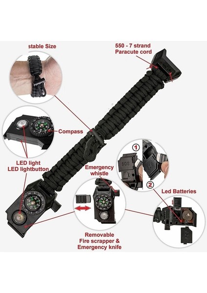 Siyah Çok Fonksiyonlu Açık Hayatta Kalma Bilezik Erkek Kadın Akıllı Ayarlanabilir Macera Acil Durum Dişli Kamp Sos LED Bileklikler (Yurt Dışından) fırsatları