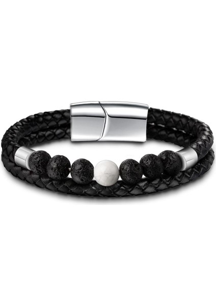 Havlit Taşı Kıpı Erkek Deri Doğal Howlite Taş Bilezikler Paslanmaz Çelik Mıknatıs Lüks Çift Katmanlı Takı Mans Hediyeler UB0131B (Yurt Dışından)
