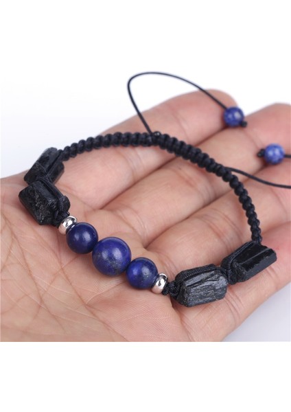 Labradorit Şifa Kaba Siyah Turmalin Yarı Değerli Mineral Taş Boncuklar Koyu Mavi Lapis Lazuli Charm Makrome Bilezik Unisex Hediye (Yurt Dışından)