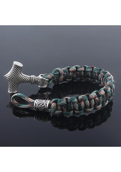 Gümüş Kaplı Paracord El Yapımı Halat Iskandinav Viking Bileklik Bilezik Thor'un Çekiç Charm Nordic Runik Boncuk Bilezikler Erkekler Için Takı (Yurt Dışından)