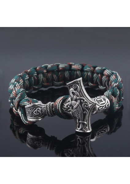 Gümüş Kaplı Paracord El Yapımı Halat Iskandinav Viking Bileklik Bilezik Thor'un Çekiç Charm Nordic Runik Boncuk Bilezikler Erkekler Için Takı (Yurt Dışından)