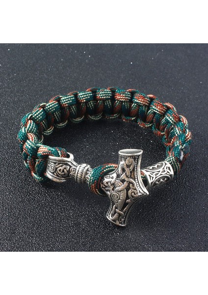 Yeşil Paracord El Yapımı Halat Iskandinav Viking Bileklik Bilezik Thor'un Çekiç Charm Nordic Runik Boncuk Bilezikler Erkekler Için Takı (Yurt Dışından)