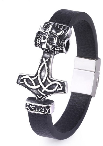 Antik Gümüş Iskandinav Viking Rune Düğüm Muska Bilezik Thor Mjolnir Çekiç Rune Iskandinav Bilezikler Deri Halat Erkekler Için Serin Takı (Yurt Dışından)