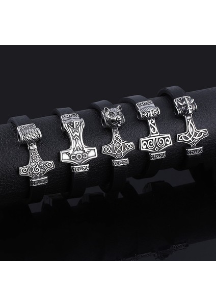 Antik Gümüş Iskandinav Viking Rune Düğüm Muska Bilezik Thor Mjolnir Çekiç Rune Iskandinav Bilezikler Deri Halat Erkekler Için Serin Takı (Yurt Dışından)