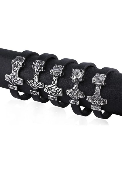 Antik Gümüş Iskandinav Viking Rune Düğüm Muska Bilezik Thor Mjolnir Çekiç Rune Iskandinav Bilezikler Deri Halat Erkekler Için Serin Takı (Yurt Dışından)