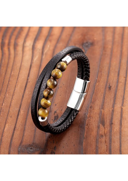 Renk Stili BXGM1045-21 2021 Trendy Unisex Enerji Bileklik Doğal Volkanik Taş Kaplan Gözü Taş Akik Taş Turkuaz Örgülü Deri Kordon 3 Katmanlı Sütyen (Yurt Dışından)