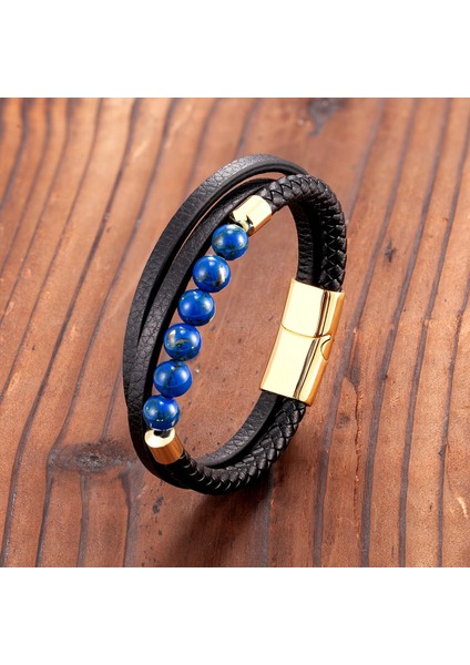 Renk Stili BXGM1045-21 2021 Trendy Unisex Enerji Bileklik Doğal Volkanik Taş Kaplan Gözü Taş Akik Taş Turkuaz Örgülü Deri Kordon 3 Katmanlı Sütyen (Yurt Dışından)