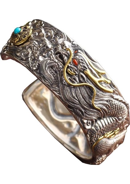 LZ8054-GÜMÜŞ Erkek Klasik Moda Otoriter Ejderha Bileklik Kişilik Geniş Bilezik Retro Etty Hediye (Yurt Dışından)