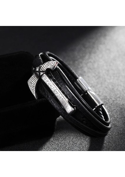 21CM Tarzı BXG017 Moda Erkekler Hakiki Deri Bilezik Çok Katmanlı Gümüş Altın Renk Siyah Balta Paslanmaz Çelik Bilezik ve Bilezikler Erkek Parti Hediyeleri (Yurt Dışından) indirimleri