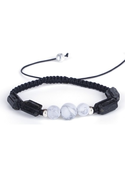 Mat Akik Şifa Kaba Turmalin Yarı Değerli Mineral Taş Boncuk Charm Beyaz Howlite Unisex Kadınlar Için Ayarlanabilir Makrome Bilezik Adam (Yurt Dışından)