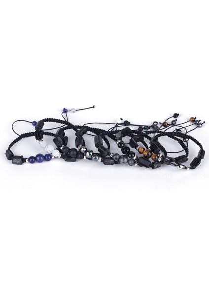 Hematit Çift Unisex Bilezik Yarı Değerli Mineral Şifa Taş Boncuk Siyah Şifa Kaba Turmalin Charms Yönlü Oniks Ayarlanabilir (Yurt Dışından)