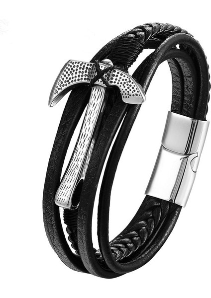 21CM Tarzı BXG018 Moda Erkekler Hakiki Deri Bilezik Çok Katmanlı Gümüş Altın Renk Siyah Balta Paslanmaz Çelik Bilezik ve Bilezikler Erkek Parti Hediyeleri (Yurt Dışından) fiyatları