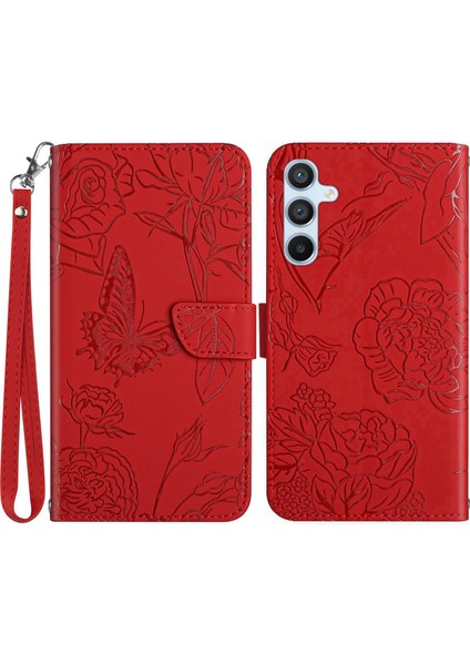 Samsung Galaxy A34 Için HT03 5g Anti-Çizelge Anti-Çizelge Baskılı Kelebek Çiçekler Cilt Touch Manyetik Pu Deri Deri Flip Cüzdan Strap-Red ile Telefon Kılıfı (Yurt Dışından)