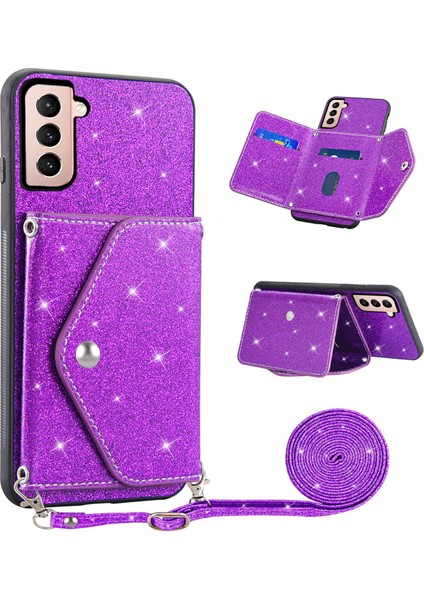 Samsung Galaxy S23 Kickstand Card Tutucu Deri Kaplamalı Tpu Omuz Kayış-Al ile Glitter Telefon Kılıfı (Yurt Dışından)