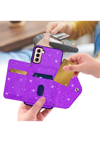 Samsung Galaxy S23 Kickstand Card Tutucu Deri Kaplamalı Tpu Omuz Kayış-Al ile Glitter Telefon Kılıfı (Yurt Dışından)