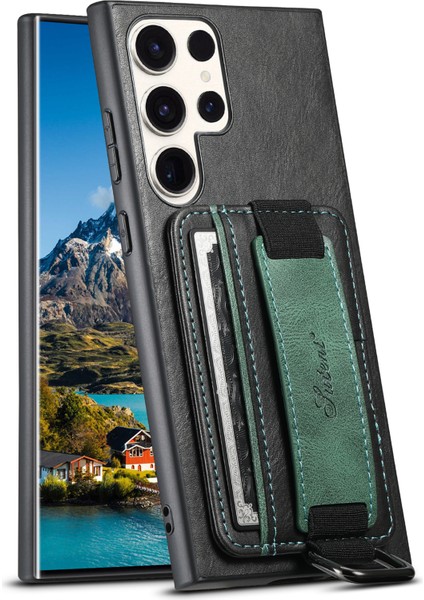 Samsung Galaxy S23 Ultra Kart Tutucu Deri Kaplamalı Pc+Tpu Kickstand Case ile El Kayış- ile Suteni H13 Telefon Kılıfı (Yurt Dışından)