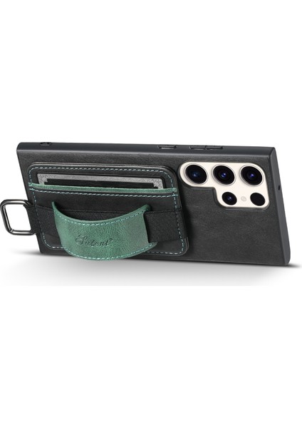 Samsung Galaxy S23 Ultra Kart Tutucu Deri Kaplamalı Pc+Tpu Kickstand Case ile El Kayış- ile Suteni H13 Telefon Kılıfı (Yurt Dışından)