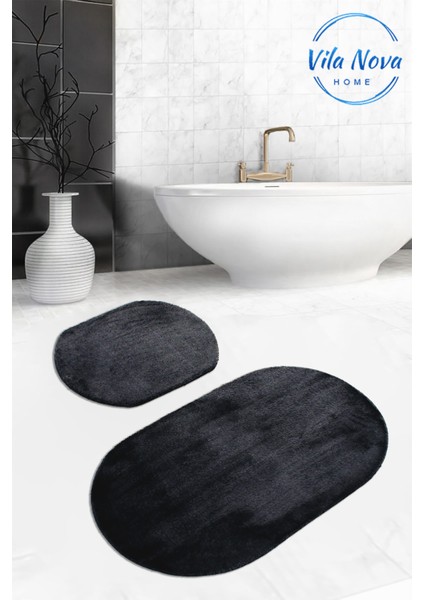 2'li Siyah Oval Düz Renk Peluş Post Yumuşak Yıkanabilir Banyo Halısı Klozet TAKIMI(100X60-60X50)