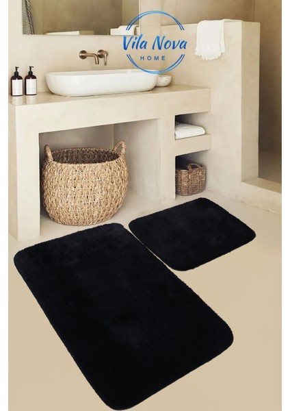 (80X50-50X40) 2'li Siyah Peluş Post Yumuşak Yıkanabilir Banyo Halısı Klozet Takımı