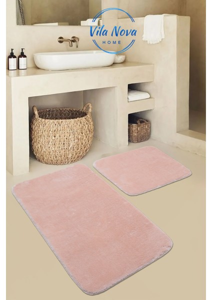 (80 x 50 cm - 50 x 40 cm) 2'li Pudra Peluş Post Yumuşak Yıkanabilir Banyo Halısı Klozet Takımı