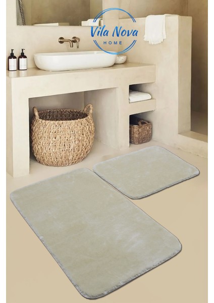 (80 x 50 cm - 50 x 40 cm) 2'li Bej Peluş Post Yumuşak Yıkanabilir Banyo Halısı Klozet Takımı