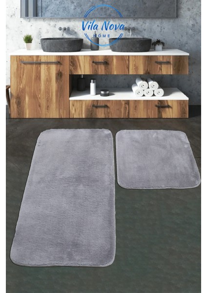 (75 x 120 cm - 75 x 50 cm) 2'li Gri Peluş Post Yumuşak Yıkanabilir Banyo Halısı Klozet Takımı