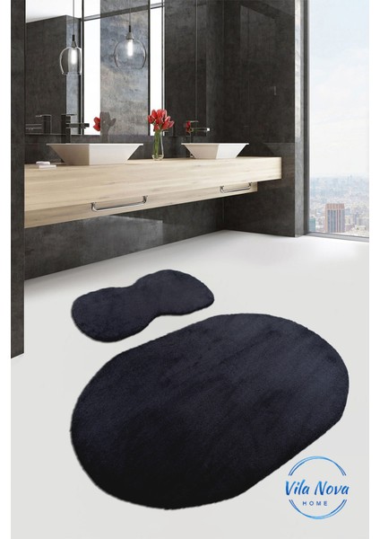 2'li Siyah Oval Peluş Post Yumuşak Yıkanabilir Banyo Halısı Klozet TAKIMI(80 x 120 cm - 80 x 50 cm)