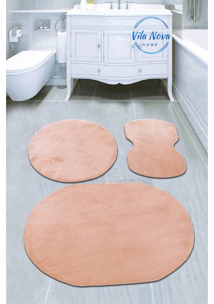 3'lü Pudra Oval Peluş Post Yumuşak Yıkanabilir Banyo Halısı Klozet TAKIMI(80 x 120 cm - 80 x 50 cm - 60 x 60 cmD)