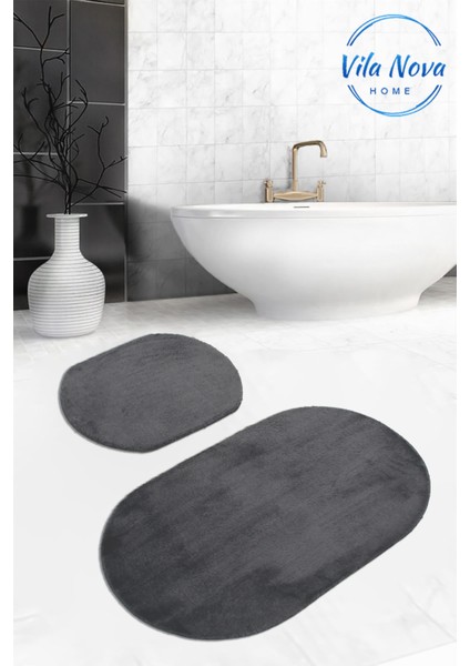 2'li Antrasit Oval Düz Renk Peluş Post Yumuşak Yıkanabilir Banyo Halısı Klozet TAKIMI(80 x 120 cm - 80 x 50 cm)