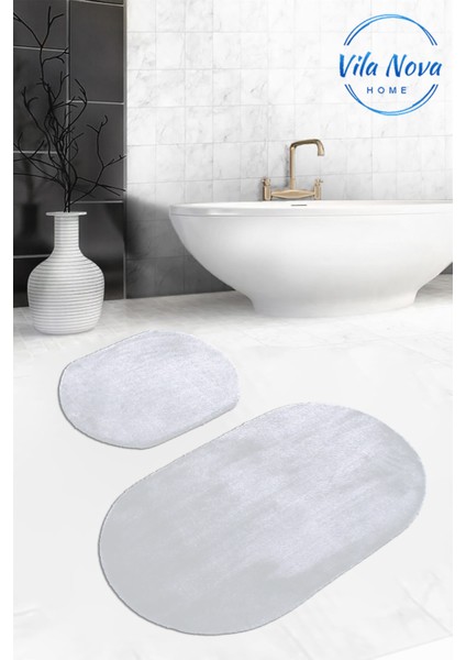 2'li Gri Oval Düz Renk Peluş Post Yumuşak Yıkanabilir Banyo Halısı Klozet TAKIMI(80 x 120 cm - 80 x 50 cm)