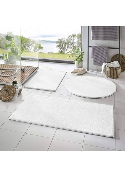 (100 x 70 cm - 60 x 40 cm - 60 x 60 cm Daire) 3'lü Beyaz Peluş Post Yumuşak Yıkanabilir Banyo Halısı Klozet Takımı