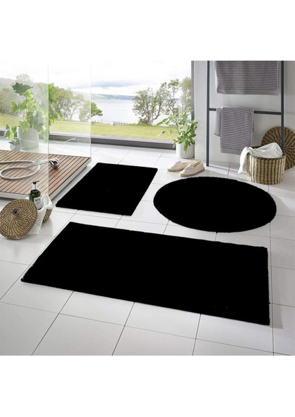 (50 x 90 cm - 50 x 40 cm - 50 x 50 cm Daire) 3'lü Siyah Peluş Post Yumuşak Yıkanabilir Banyo Halısı Klozet Takımı