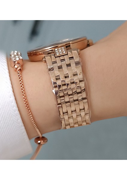 Yeni Model Kesme Camlı Çelik Bilezik Rose Gold Kadın Kol Saati - Zirkon Taşlı Bileklik Hediyeli fiyatları